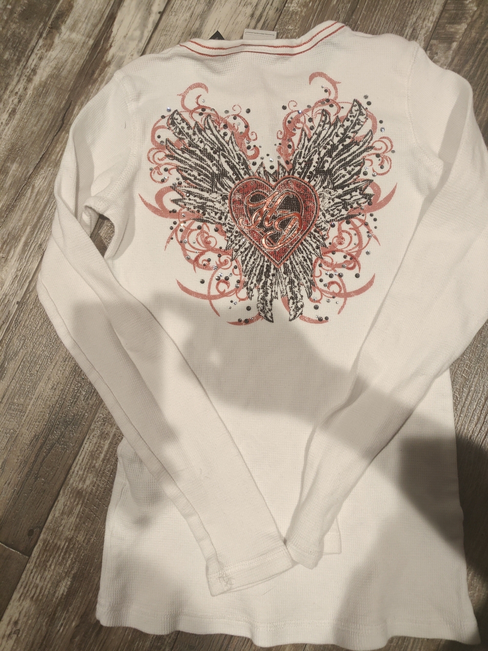 White Long Sleeve Thermal Top with Winged Heart Harley Davidson